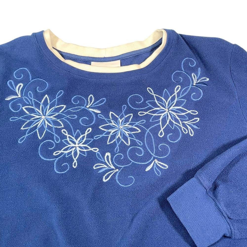 Alfred Dunner Large Blue Sweatshirt Floral Embroidered Fleece GrandmaCore Cozy